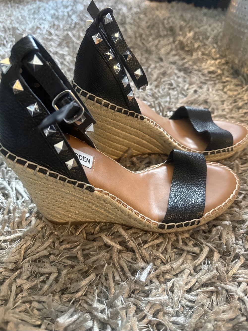 Steve Madden Black Studded Espadrille Wedge Sandals with Tan Insole - Picture 5 of 5